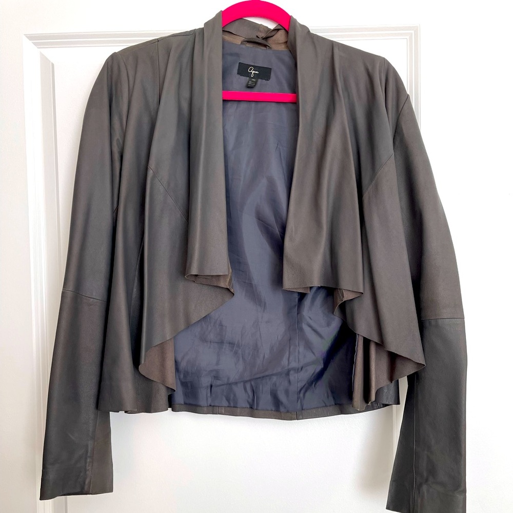 Grey Leather Shawl Collar Jacket